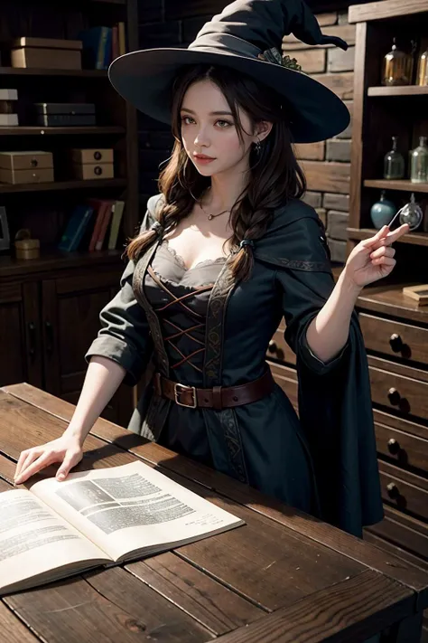 a pretty thirtysomething witch selling potions in an rpg shop.