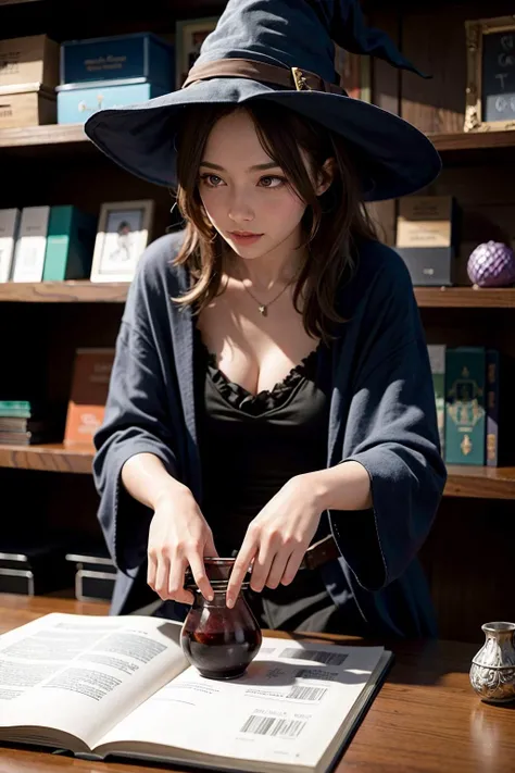 a pretty thirtysomething witch selling potions in an rpg shop.