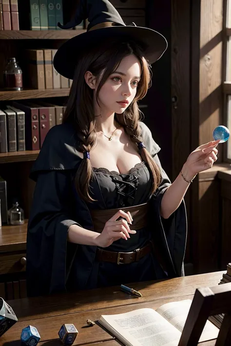 a pretty thirtysomething witch selling potions in an rpg shop.