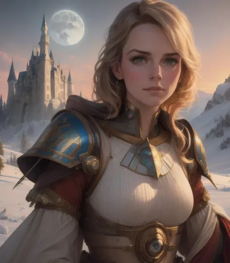 best quality, masterpiece, highres, 1girl, Detailed face, (Upper body:1.6), Cyber cities, a woman queen ice, realistic photo of a castle on a hill with a full moon in the background, cgsociety, fantasy art, fantasy, fantasy, epic hyper-detailed masterpiece ultra-wide, cinematic still , glamour hyper shoot , bokeh, pre-raphaelite, photo, realistic, 35 mm, photography , 8k resolution , 8 k, cinematic lighting, photographic, Eastman Kodak Color Negative film 5251 50T shot on panavision super , art by Bagshaw Tom, stanley, greg rutkowski, thomas kindkade, norman rockwell