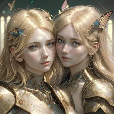 2girl, hair blonde, 8K, HD, realistic, wing butterflies on face. beautiful highly detailed face. painting by artgerm and greg rutkowski and alphonse mucha, realistic, HD, 8k, dress white, 1980s, beautiful face, armor gold, ((realism)), extremely high quality RAW photograph, ultra detailed photograph, sharp focus, high resolution, (detailed skin:1,3),high quality, film grain, Fujifilm XT3,Highly Detailed, , (Cinematic Photo:1.3) of (Realistic:1.3),(Disgusting:1.3) Photorealism, (Magical Photo:1.3) of (Realistic:1.3), Crystalcore, Bejeweled, ethereal, hyperdetailed fantasy character, Dreamlike, Ethereal Fantasy, Realistic, Fiction, Full-HD, HD, 8K, Soft Lighting, Beautiful Lighting,Highly Detailed,Highly Detailed,(Photorealism:1.3), (blonde_hair:0.790), (eyelashes:0.609), (face:0.331)