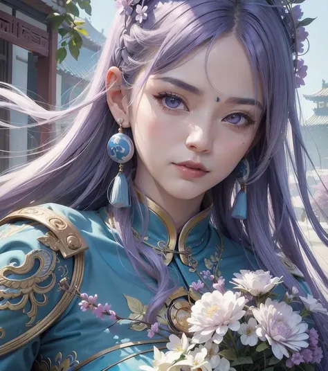 Mature girl, purple eyes, blue-white hair color, floating hair, delicate and flexible eyes, intricate damask hanfu, gorgeous accessories, wearing pearl earrings, fov, f/1.8, masterpiece, ancient Chinese architecture, blue sky, flower petals flying, front portrait shot, Chang'e, side lighting, sunlight on people, 8K