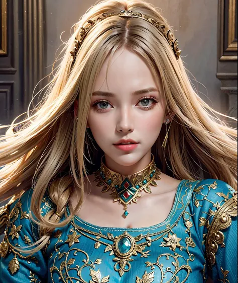 a photography, HD,, photo, woman, beautiful dress ornate, mdjrny-v5, style portrait of a gorgeous blond female in the style of stefan kostic, realistic, half body shot, sharp focus, 8 k high definition, insanely detailed, intricate, elegant, art by stanley lau and artgerm, extreme blur flames background, Princess girl with wing, Blue, Pastel, glitter, dramatic, dreamy, pastel, Watercolor, Whimsical, Delicate, seashell crown, Trending on Artstation, Highly detailed, Intricate, Portrait, digital painting, Fantasy theme, Fantasy robes, Fantasy concept art, Fantasy character art, Smug, Teenage girl, perfect body, full body, dreamy, pastel, Watercolor, Whimsical, Delicate, seashell crown masterpiece, 8k, perfect lighting, , adult, female, cowboy shot, looking at viewer, cinematic lighting, Fawn