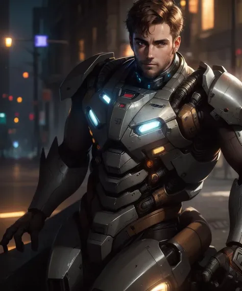 Portrait photo of an handsome male ,perfect eyes , in a worn mecha exosuit,((light bokeh)), intricate, (steel metal [rust]), elegant, sharp focus, photo by greg rutkowski, soft lighting, vibrant colors, masterpiece, ((streets)), detailed face