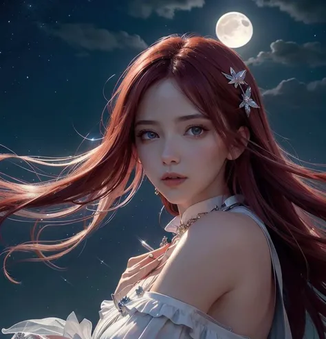 hair red gradient , night sky, detailed face, face focus, texture pores skin, game cg, nigh sky, moonlight, moon, white gloves, magical girl beauty in dress glass, Intricate Surface Detail, Crystal Core , Ethereal Fantasy, Realistic, Fiction, Full-HD, 8K Photo