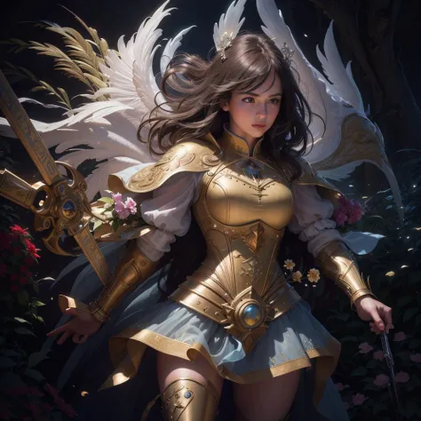 (Cinematic Photo:1.3) of (Masterpiece:1.3)angel warrior girl, dress crystal crystallized yellow pastel ornate drops transparent, hair white, fantasy, Medieval, epic hyper-detailed masterpiece ultra-wide, cinematic still, glamour hyper shoot, bokeh, pre-raphaelite, photo, realistic, octane render, 35 mm, photography, 8k resolution, 8 k, cinematic lighting, photographic, Eastman Kodak Color Negative film 5251 50T shot on panavision super, art by Bagshaw Tom, stanley, greg rutkowski, thomas kinkade, norman rockwell,(Cowboy-shot:1.2), (85mm),light particles, lighting, (highly detailed:1.2),(detailed face:1.2), (gradients), sfw, colorful,(detailed eyes:1.2), (detailed ladscape, garden, plants, castle:1.2),(detailed background),detailed landscape, (dynamic angle:1.2), (dynamic pose:1.2), (rule of third_composition:1.3), (Line of action:1.2), wide shot, daylight, solo,Highly Detailed,(80s Art:1.3),(Magical Realism:1.3),