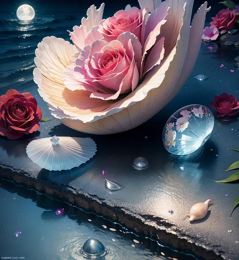 Splash water, flowers roses and shiny large shells, diamond crystal, on the beach, fantasy, sky night , moon, smoke , photo, HD, 8K , realistic, HD, intricate, 8k, highly detailed,fun, sharp focus,