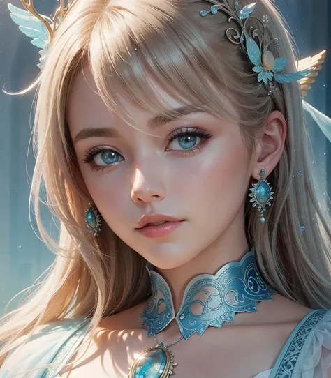 a photography, HD,, photo, woman, beautiful dress ornate, mdjrny-v5, style portrait of a gorgeous blond female in the style of stefan kostic, realistic, half body shot, sharp focus, 8 k high definition, insanely detailed, intricate, elegant, art by stanley lau and artgerm, extreme blur flames background, Princess girl with wing, Blue, Pastel, glitter, dramatic, dreamy, pastel, Watercolor, Whimsical, Delicate, seashell crown, Trending on Artstation, Highly detailed, Intricate, Portrait, digital painting, Fantasy theme, Fantasy robes, Fantasy concept art, Fantasy character art, Smug, Teenage girl, perfect body, full body, dreamy, pastel, Watercolor, Whimsical, Delicate, seashell crown masterpiece, 8k, perfect lighting, , adult, female, cowboy shot, looking at viewer, cinematic lighting, Fawn