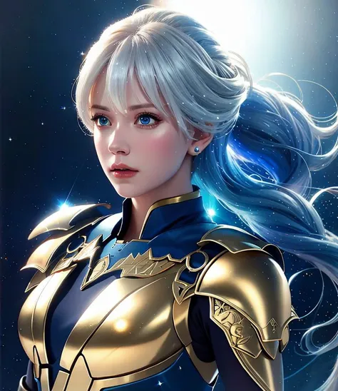 a photography, HD,, photo, woman,realistic, princess warrior, body armor gold, hair white,  couple, dramatic lighting, blue sparkle, 8k, hyperrealistic,  <lora:hoshino yumemi:1>