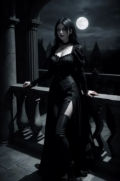 a beautiful gothic vampire. standing on a balconly under the moon. eerie. volumetric light, high dynamic range.