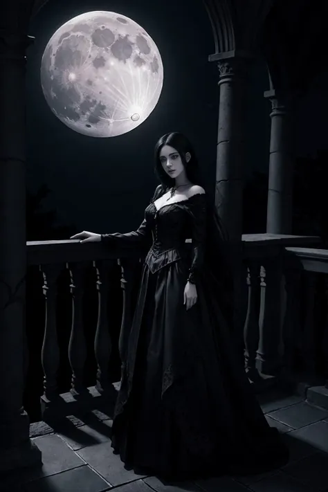 a beautiful gothic vampire. standing on a balconly under the moon. eerie. volumetric light, high dynamic range.