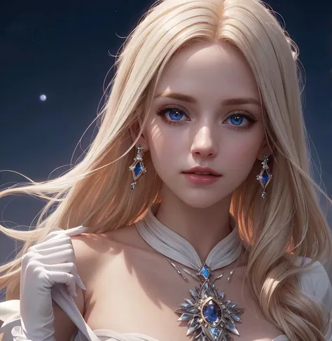 hair red gradient white blonde, night sky, detailed face, face focus, shiny skin, game cg, nigh sky, moonlight, moon, white gloves, magical girl beauty in dress glass, Intricate Surface Detail, Crystal Core , Ethereal Fantasy, Realistic, Fiction, Full-HD, 8K Photo