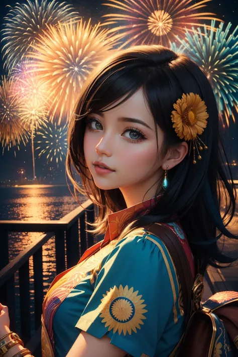 1girl, awardwinning batik style, hyper detailed, highly detailed, shot from side of a ("I'm a firework, come on show 'em what you're worth.":1.3) , it is very Wanderlust and Zany, behance, at Tiki garden, Neon trees and flowers, Sun in the sky, split diopter, (romanticism art stylized by Horace Vernet:1.0) , Disgusting, Gadgetpunk, Ambient lighting, Fish-eye Lens, Colorful, icon style, cosmic energy, professional, 64K, vibrant