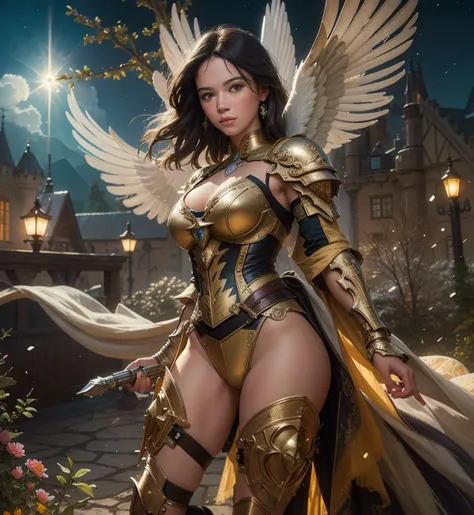 (Cinematic Photo:1.3) of (Masterpiece:1.3)angel warrior girl, dress crystal crystallized yellow pastel ornate drops transparent, hair white, fantasy, Medieval, epic hyper-detailed masterpiece ultra-wide, cinematic still, glamour hyper shoot, bokeh, pre-raphaelite, photo, realistic, octane render, 35 mm, photography, 8k resolution, 8 k, cinematic lighting, photographic, Eastman Kodak Color Negative film 5251 50T shot on panavision super, art by Bagshaw Tom, stanley, greg rutkowski, thomas kinkade, norman rockwell,(Cowboy-shot:1.2), (85mm),light particles, lighting, (highly detailed:1.2),(detailed face:1.2), (gradients), sfw, colorful,(detailed eyes:1.2), (detailed ladscape, garden, plants, castle:1.2),(detailed background),detailed landscape, (dynamic angle:1.2), (dynamic pose:1.2), (rule of third_composition:1.3), (Line of action:1.2), wide shot, daylight, solo,Highly Detailed,(80s Art:1.3),(Magical Realism:1.3),