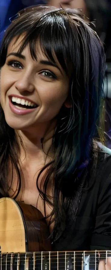 <lora:LightsV2:1> a woman , singing, playing a guitar, dark green shirt, black hair. beautiful face