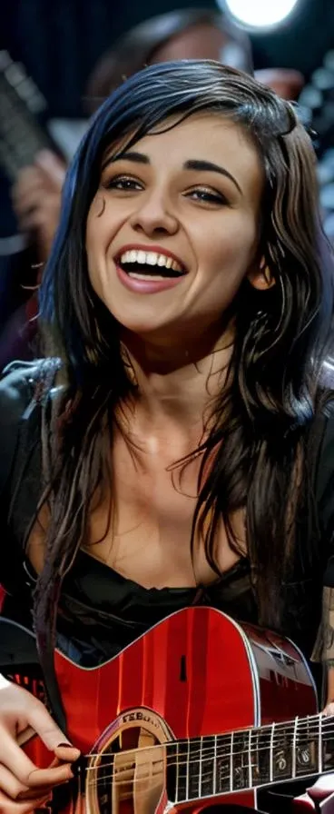 <lora:LightsV2:1> a woman  , singing, playing a guitar, white  shirt, black hair. beautiful face