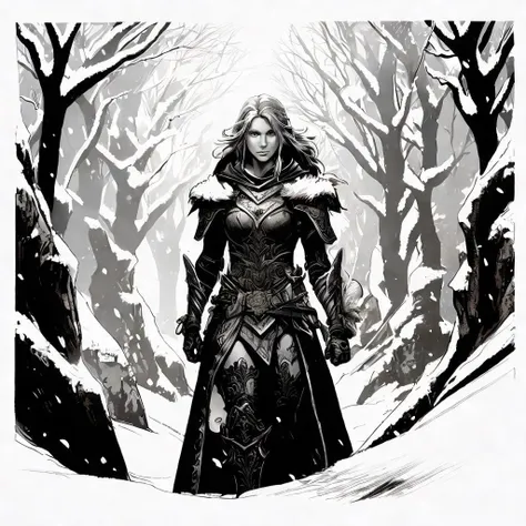 ink drawing line art, fantasy, old warrior girl in armor, in a snowy rocky ravine, dark bright sunlight contrast