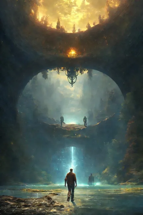 a man walking on top of the surface of a large underground lake. epic muted fantasy art.