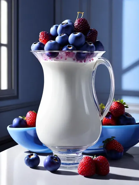 a glass of milk, berry, blueberries, fruit, vivid colors, unreal engine 5 quality render, a 3D render, indoors, no humans, solo, digital painting, high definition