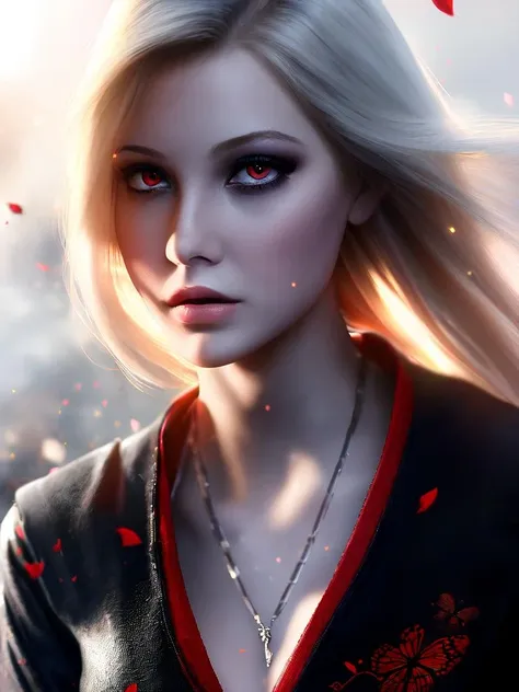 portrait of beautiful 1girl, smooth skin, blonde hair, red eyes, eye shadow, intricate, elegant, majestic, digital photography by artgerm and ruan jia and greg rutkowski, surreal, butterfly, high definition, 
(cinematic scene, dust, light particles, foggy atmosphere, best aesthetic, newest, best quality)