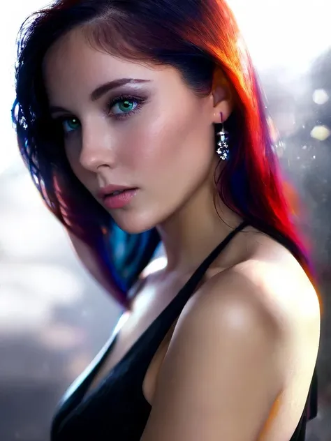 a 1girl, from side, shy, aqua eyes, smooth skin, bare shoulders, blue hair, red hair tips, black dress gown, simple background,
(film grain, cinematic scene, dust, light particles, foggy atmosphere, exceptional, best aesthetic, new, newest, best quality, high dynamic range, digital photograph),
expressionistic style,