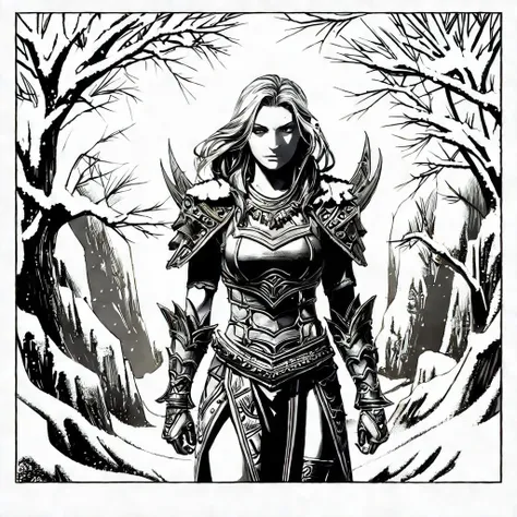 ink drawing line art, fantasy, old warrior girl in armor, in a snowy rocky ravine, dark bright sunlight contrast