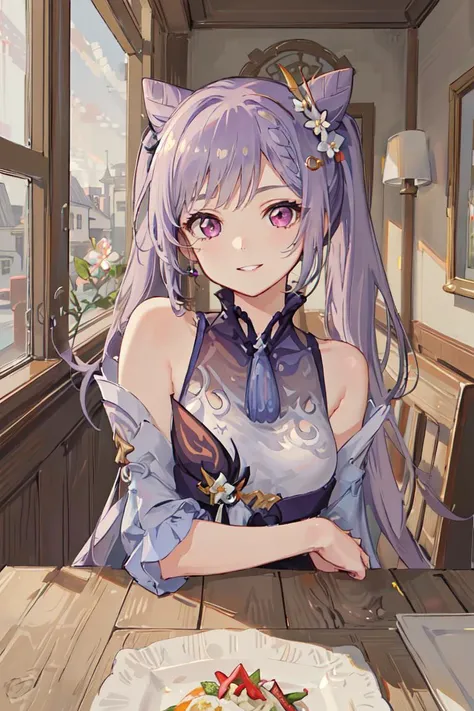 masterpiece, pov, 1girl, keqing \(genshin impact\) ,purple hair, forehead, cone hair bun, purple eyes, hair flower,hair ornament, twintails, long hair, smile, parted lips, looking at viewer, sitting, upper body, medium breasts, symmetric breasts, dress, bare shoulders, table, restaurant, window, indoors,