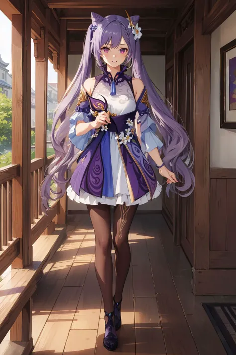 <lora:KeqingCharacter:1>, keqing,full body, solo,purple hair, forehead, cone hair bun, purple eyes, hair flower,hair ornament, twintails, long hair, smile, parted lips, looking at viewer, pantyhose, standing, dress, bare shoulders, (masterpiece, best quality, high quality, highres, ultra-detailed),