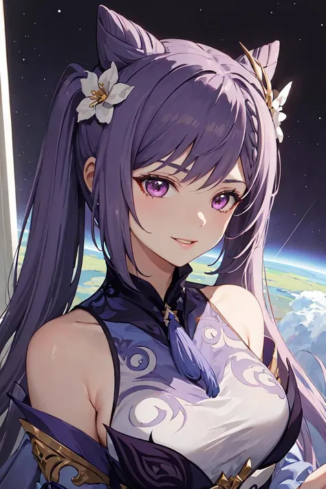 masterpiece, pov, 1girl, keqing \(genshin impact\) , face portait, upper body,purple hair, forehead, cone hair bun, purple eyes, hair flower,hair ornament, twintails, long hair, seductive smile, parted lips, looking away,  symmetric breasts, curvy, mature female, space,