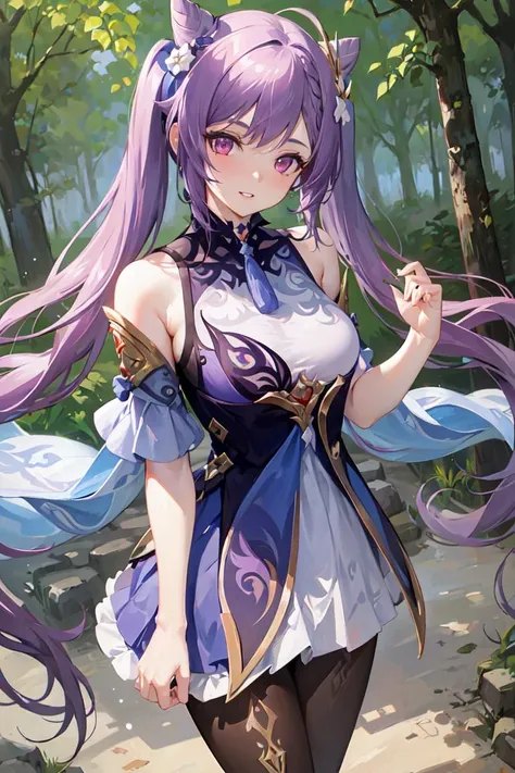 masterpiece, pov, 1girl, keqing \(genshin impact\) ,purple hair, forehead, cone hair bun, purple eyes, hair flower,hair ornament, twintails, long hair, smile, parted lips, looking at viewer,  pantyhose, standing, symmetric breasts, dress, bare shoulders,sky, tree,forest, outdoors,