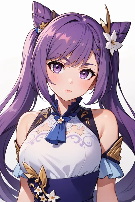 (masterpiece, best quality), intricate details,
 1girl,    keqing,  <lyco:KeqingCharacter:0.8>purple hair, forehead, cone hair bun, purple eyes, hair flower,hair ornament, twintails, long hair,