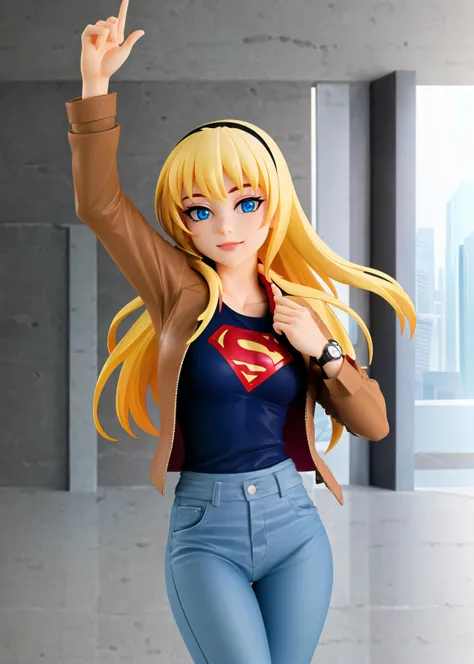 (cowboy shot), sfw, (masterpiece), (best quality:1.0), (ultra highres:1.0), detailed eyes,
BREAK
<lora:Supergirl_Galatea:0.6> Supergirl, 1girl, long blonde hair, posing
<lora:popupparade-10:1> popupparade
(brown jacket), blue jeans, watch, hairband
BREAK
(table, window, gorgeous view)