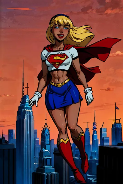 Supergirl, long blonde hair, blue eyes, red lipstick, black hairband, white croptop, short sleeves, red cape, blue skirt, white gloves, red boots,  looking at viewer, smiling, full body shot, flying, in air, sunset, dusk, cityscape,  high quality, masterpiece, <lora:Supergirl_Galatea:.7>