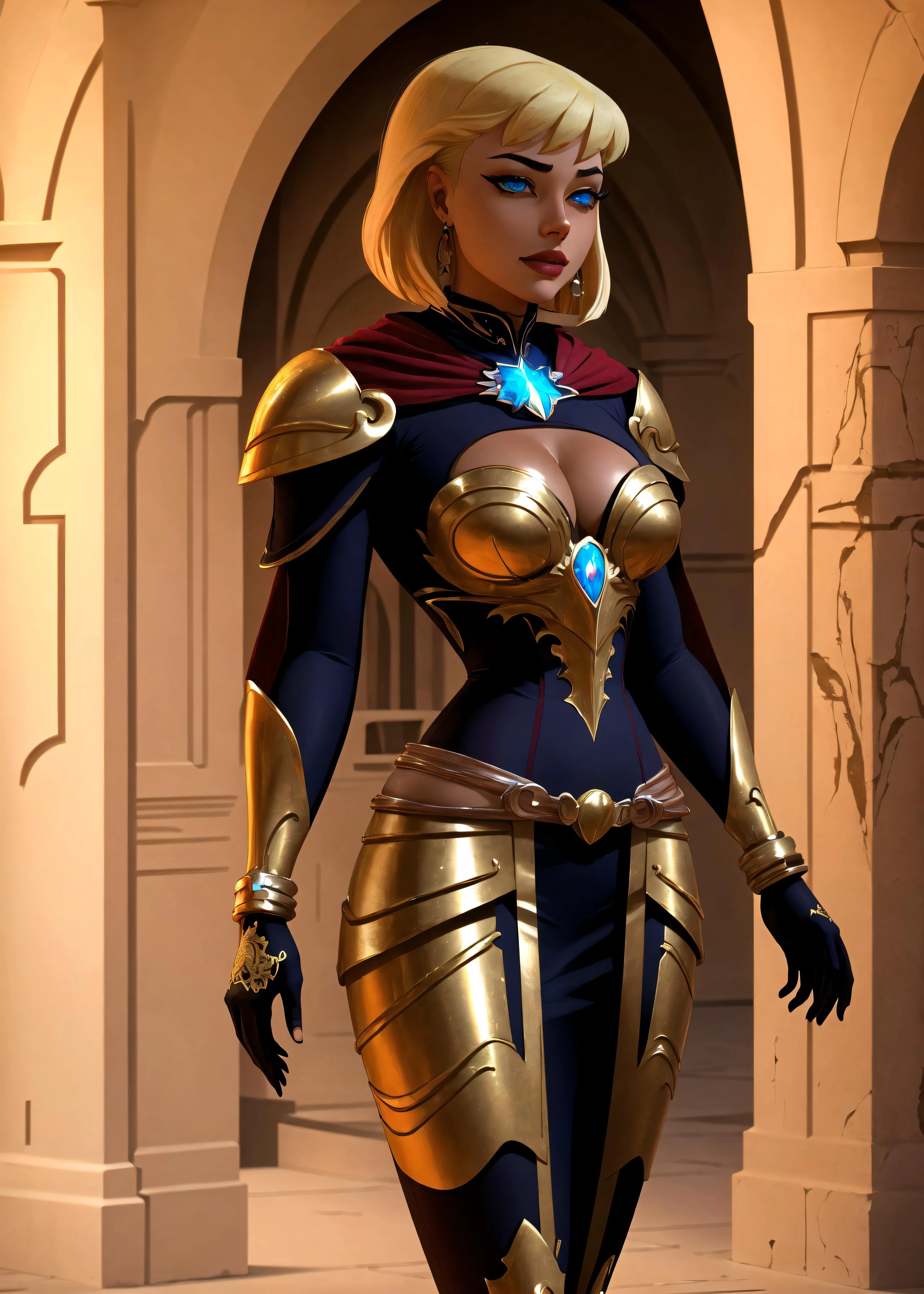 (cowboy shot), sfw, (masterpiece), (best quality:1.0), (ultra highres:1.0), detailed eyes,
BREAK
<lora:Supergirl_Galatea:0.7> Galatea, 1girl, short blonde hair, cleavage cutout,
<lyco:Paladin_glam armor,Moroccan caftan:0.7> Paladin_glam armor, Moroccan caftan, embroidery
BREAK
(pillars, palace, gorgeous view)