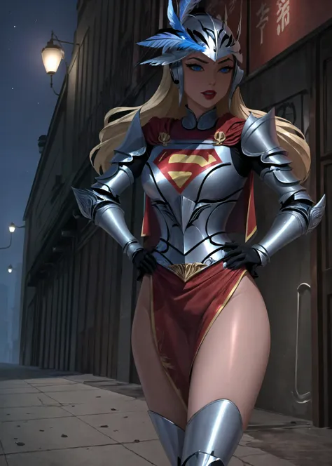 (cowboy shot), sfw, (masterpiece), (best quality:1.0), (ultra highres:1.0), detailed eyes,
BREAK
<lora:Supergirl_Galatea:0.6> Supergirl, 1girl, long blonde hair
<lyco:edgMothKnight,War_Glam,edgMothKnight:0.8> boots, sword, cape, armor,WAR_GLAM, hand on hip, thigh gap, (helmet), feathers, lipstick, shoulder armor, gauntlets, breastplate, knight,
BREAK
(streetlight, retro chinese city, gorgeous view)