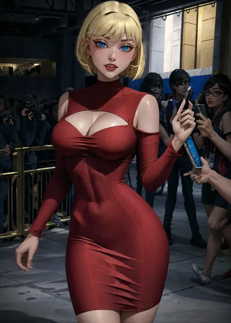 (cowboy shot), sfw, (masterpiece), (best quality:1.0), (ultra highres:1.0), detailed eyes,
BREAK
<lora:Supergirl_Galatea:0.7> Galatea, 1girl, short blonde hair
<lora:off_shoulder_bandage_dress:0.6> off_shoulder_bandage_dress, red dress
paparazzi in background
BREAK
(movie gala, red carpet, indoors, gorgeous view)