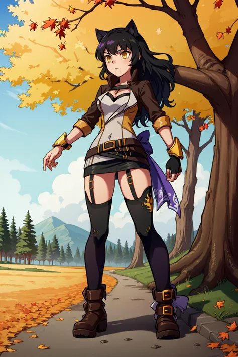 masterpiece,best quality,CG,wallpaper,HDR,high quality,high-definition,extremely detailed,(1girl),<lora:rwby_belladonna:0.5>,blake belladonna, black hair, medium hair, cat ears, yellow eyes,medium breasts, <lora:YangHunter-05:0.9>, (yanghntr), (jacket), bows,thighhighs, garter straps, belt, boots, black skirt, forest, purple bandana, ember celica \(rwby\), gauntlets, full body, autumn, falling leaves