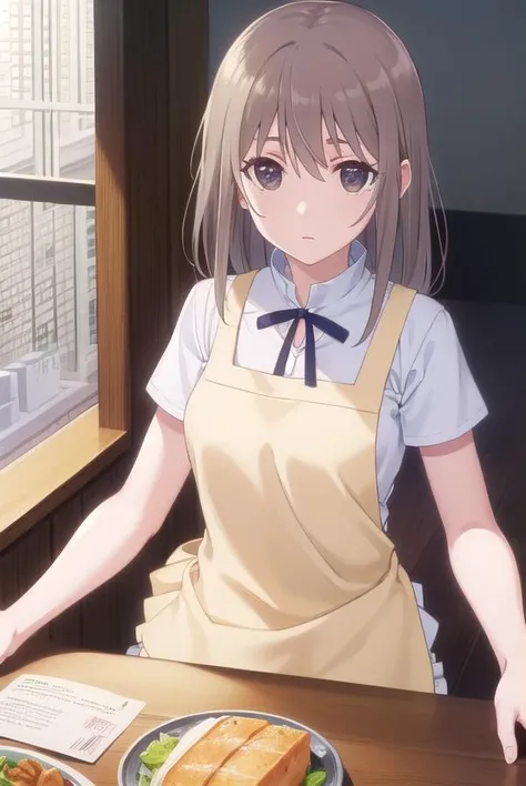 sayurimuranushi, <lora:sayuri muranushi s1-lora-nochekaiser:1>,
sayuri muranushi, long hair, brown hair, (brown eyes:1.5),
BREAK apron, waitress,
BREAK indoors, restaurant,
BREAK looking at viewer, (cowboy shot:1.5),
BREAK <lyco:GoodHands-beta2:1>, (masterpiece:1.2), best quality, high resolution, unity 8k wallpaper, (illustration:0.8), (beautiful detailed eyes:1.6), extremely detailed face, perfect lighting, extremely detailed CG, (perfect hands, perfect anatomy),