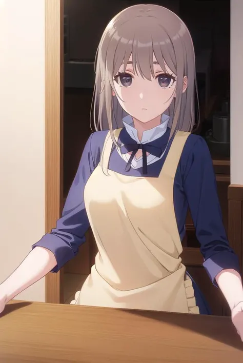 sayurimuranushi, <lora:sayuri muranushi s1-lora-nochekaiser:1>,
sayuri muranushi, long hair, brown hair, (brown eyes:1.5),
BREAK apron, waitress,
BREAK indoors, restaurant,
BREAK looking at viewer, (cowboy shot:1.5),
BREAK <lyco:GoodHands-beta2:1>, (masterpiece:1.2), best quality, high resolution, unity 8k wallpaper, (illustration:0.8), (beautiful detailed eyes:1.6), extremely detailed face, perfect lighting, extremely detailed CG, (perfect hands, perfect anatomy),