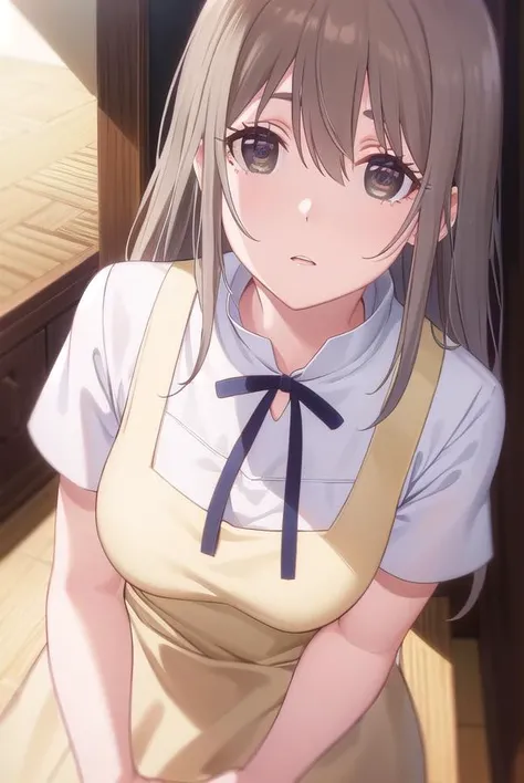 sayurimuranushi, <lora:sayuri muranushi s1-lora-nochekaiser:1>,
sayuri muranushi, long hair, brown hair, (brown eyes:1.5),
BREAK apron, waitress,
BREAK indoors, restaurant,
BREAK looking at viewer, (cowboy shot:1.5),
BREAK <lyco:GoodHands-beta2:1>, (masterpiece:1.2), best quality, high resolution, unity 8k wallpaper, (illustration:0.8), (beautiful detailed eyes:1.6), extremely detailed face, perfect lighting, extremely detailed CG, (perfect hands, perfect anatomy),
