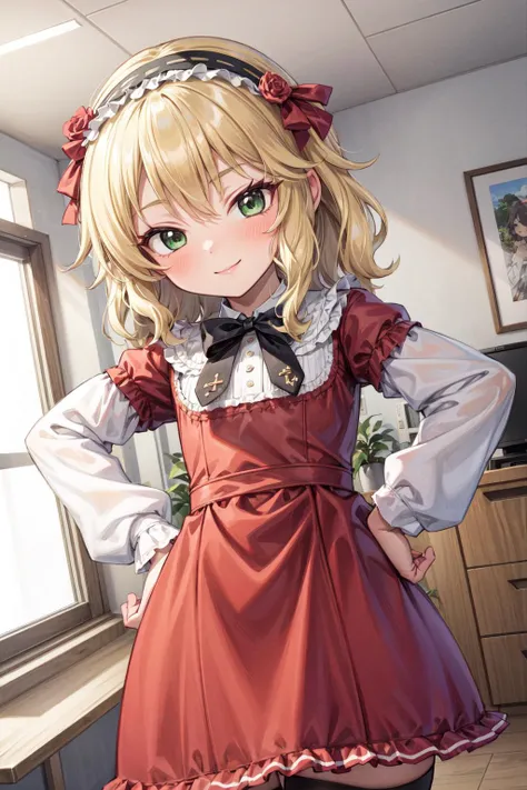 masterpiece,best quality,1girl,solo,sakurai momoka,wavy hair,blonde hair,green eyes,red dress,long sleeves,striped thighhighs,light smile,hands on hips,indoors,office,dutch angle,<lora:Concept-control tool-add_detail-CyberAIchemist:0.8>,<lora:momoka:1>,