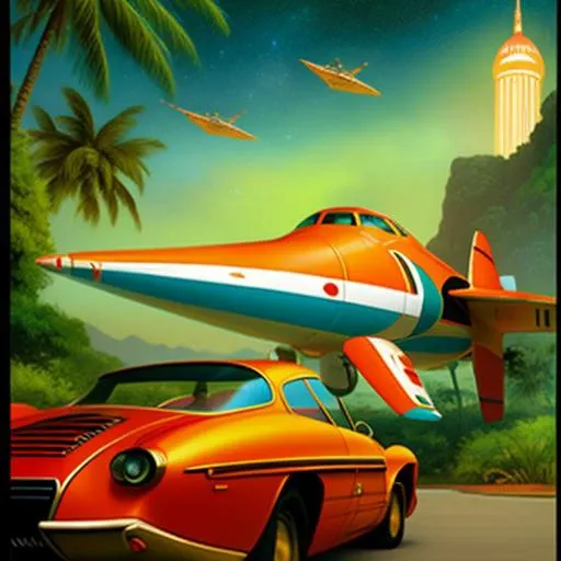 Vehicle, Landspeeder, <lora:Landspeeder-fc-v1:1:4>, comic book style, hovercraft, fins, caged propeller, open cockpit, night sky, hotel in background, jungle in background, Vehicle, Landspeeder, <lora:Landspeeder-fc-v1:1>, painting by sargent and rhads and leyendecker and greg hildebrandt night sky, fins, caged propeller, open cockpit, hotel in background, jungle in background