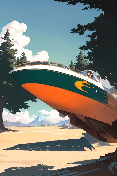 Vehicle, Landspeeder, <lora:Landspeeder-fc-v1:1>, painting by sargent and rhads and leyendecker and greg hildebrandt evening sky, low thunder clouds foothpath with trees at indian summer with zugspitze fitz roy in background, colours green, red, blue black and white, acuarela