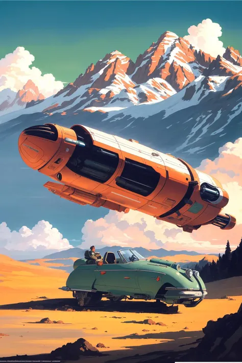 Vehicle, Landspeeder, <lora:Landspeeder-fc-v1:1>, painting by sargent and rhads and leyendecker and greg hildebrandt evening sky, low thunder clouds foothpath with trees at indian summer with zugspitze fitz roy in background, colours green, red, blue black and white, acuarela