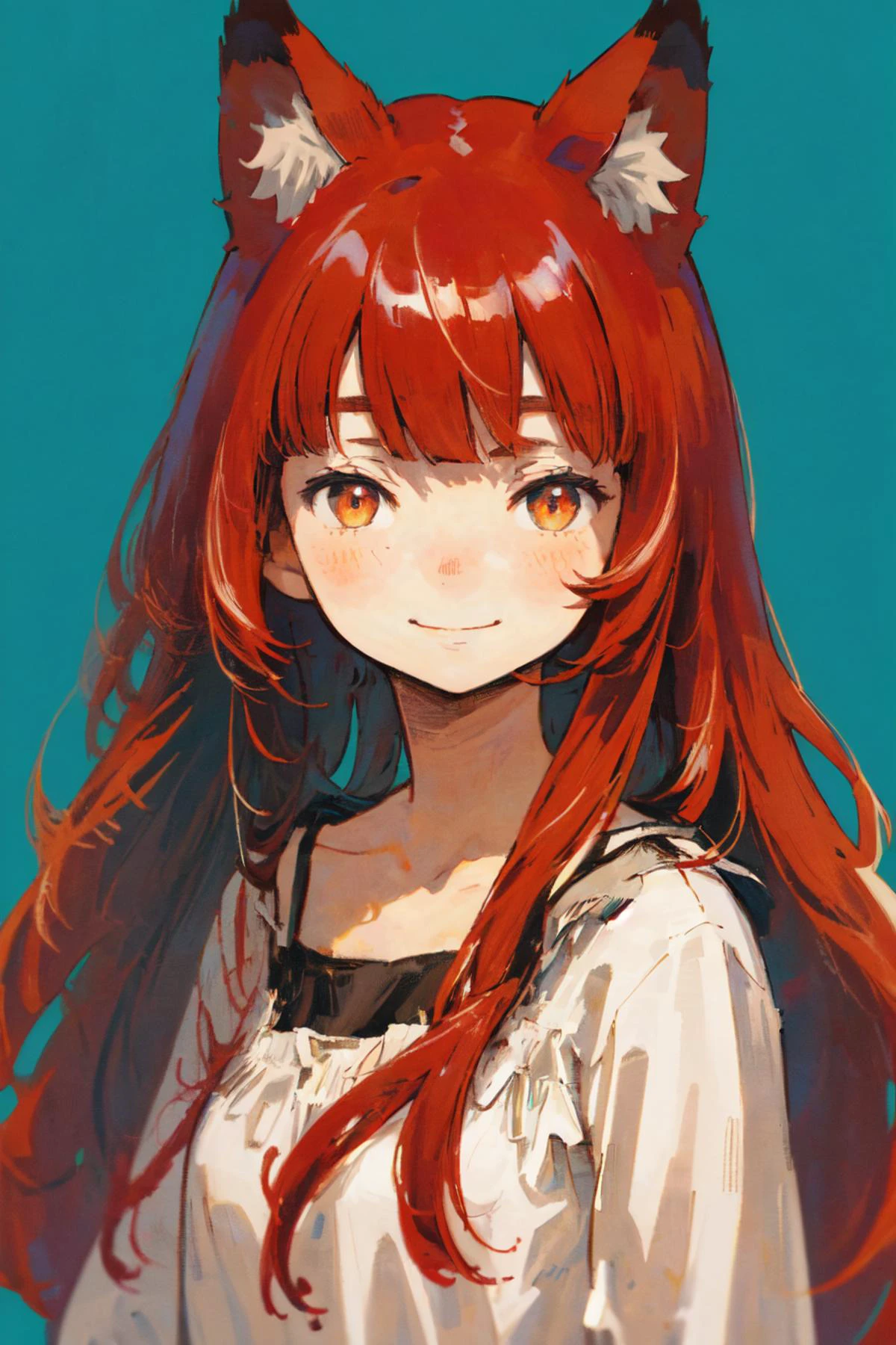 (masterpiece, blue background, simple background),
(1girl, fox ears, smile, upper body, red hair, long hair, straight hair, parted bangs)
<lora:Asano_Inio_Style:1>, iniostyle