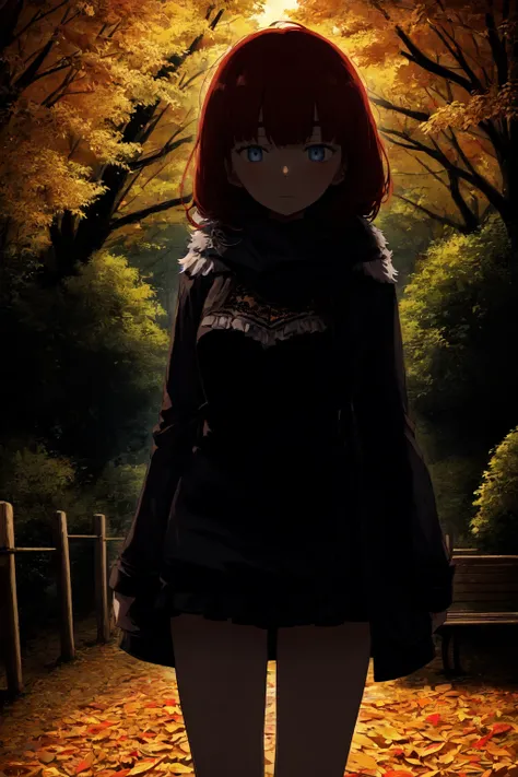 1girl solo serene-autumn-garden lush-colors-of-fall cushy-blankets-on-benches crackle-of-leaves-underfoot glowing-lights-in-the-trees underbust frills-fur-trimmed-coat lace-trim miniskirt lace-trimmed-panties standing blue-eyes red-hair cowboy-shot <lora:Asano_Inio_Style-000007:1.0> iniostyle