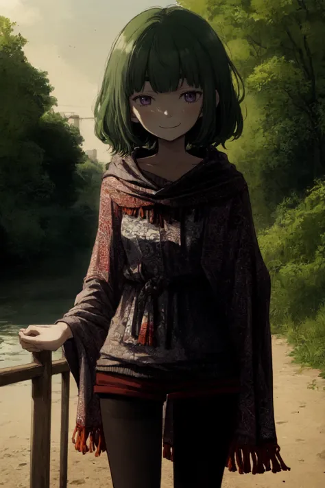 1girl solo outdoors smile closed-mouth standing Green-Hair Purple-Eyes cowboy-shot dark-gray-dress-shirt red-shorts shawl black-thighband-pantyhose <lora:Asano_Inio_Style-000007:1.0> iniostyle