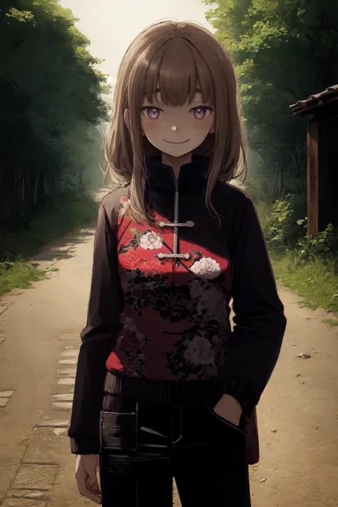 1girl solo outdoors smile closed-mouth standing Light-Brown-Hair Purple-Eyes cowboy-shot hotpink-chinese-clothes <lora:Asano_Inio_Style-000007:1.0> iniostyle