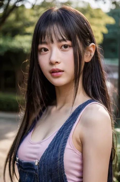 20 years old woman, RAW photo,(bokeh:1.2) (photorealistic:1.4, realistic), highly detailed CG unified 8K wallpapers, 1girl, ((slender body:1)), looking at viewer, ((straight from front)), (HQ skin:1.4), 8k uhd, dslr, soft lighting, high quality, film grain, Fujifilm XT3, ((upper body shot:1.2)), (pink tank top, jeans), ((outdoor, at park), ((long hair)), <lora:newjeans-hanni-V1:0.8>