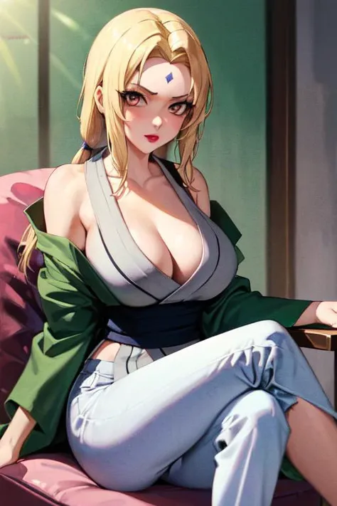 (best quality, masterpiece, absurdres),<lora:tsunade-20:1>,tsunade,1girl,(long hair,blonde hair,blonde eyes,forehead_marks),pink_lipstick,from front,looking at viewer,medium breasts,kimono,cleavage,pants,sitting on chair